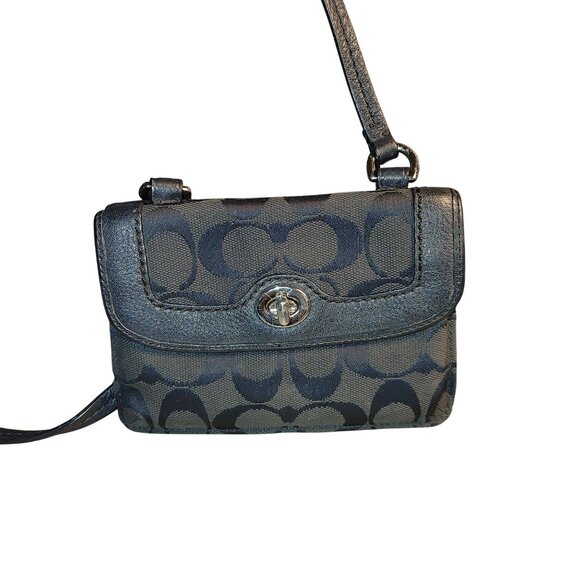 Coach Signature Black Crossbody Wallet Canvas Leather Turnlock Closure Compact - Picture 4 of 12